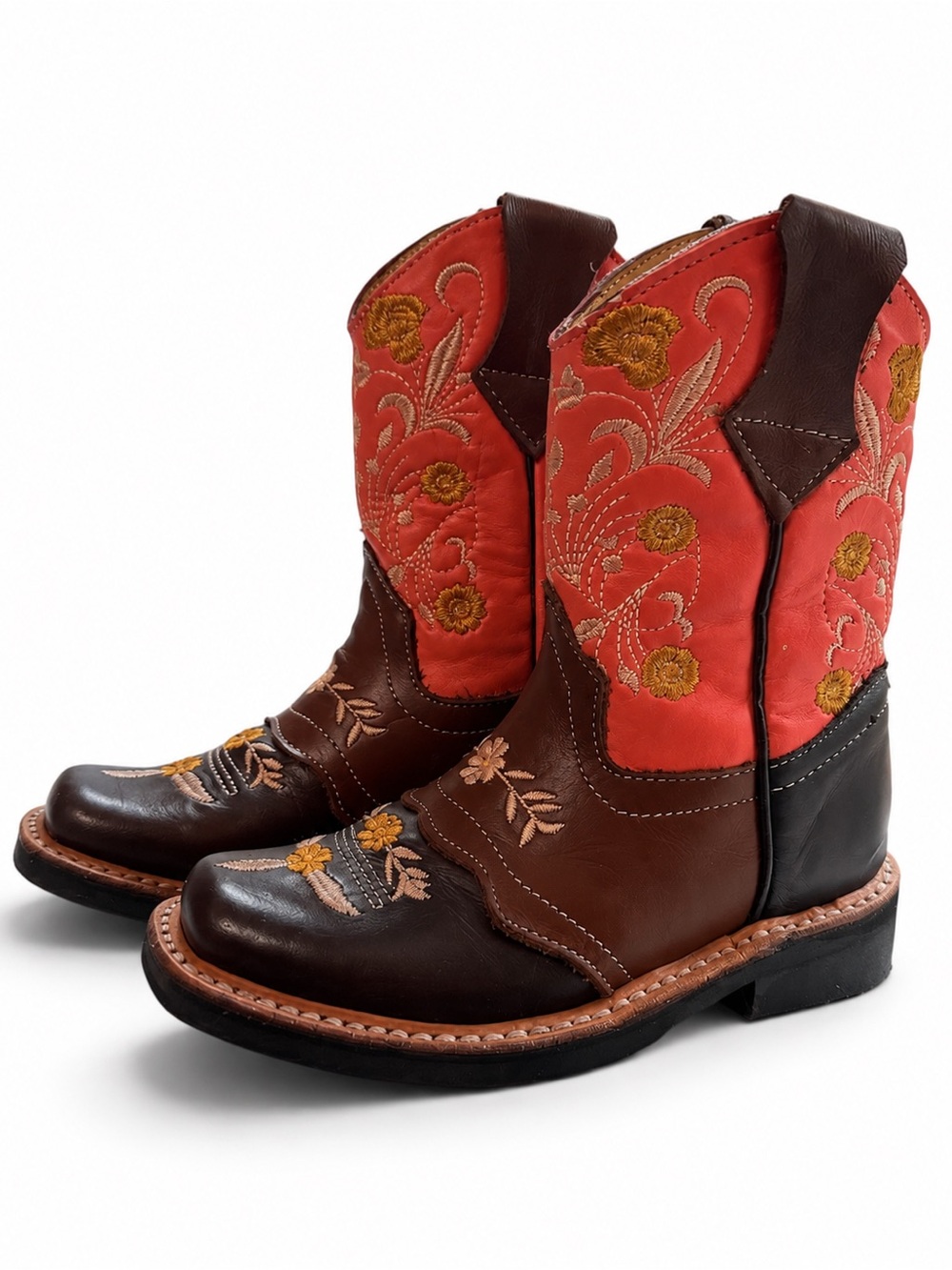 Girls Floral Embroidered Western Boots - Brown & Coral